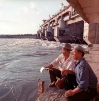 Environmental service workers measuring the water level of the drying Aral Sea - photo 3